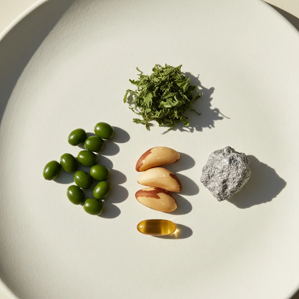 Natural wellness ingredients including saw palmetto berries, Brazil nuts, vitamin E capsule and zinc mineral