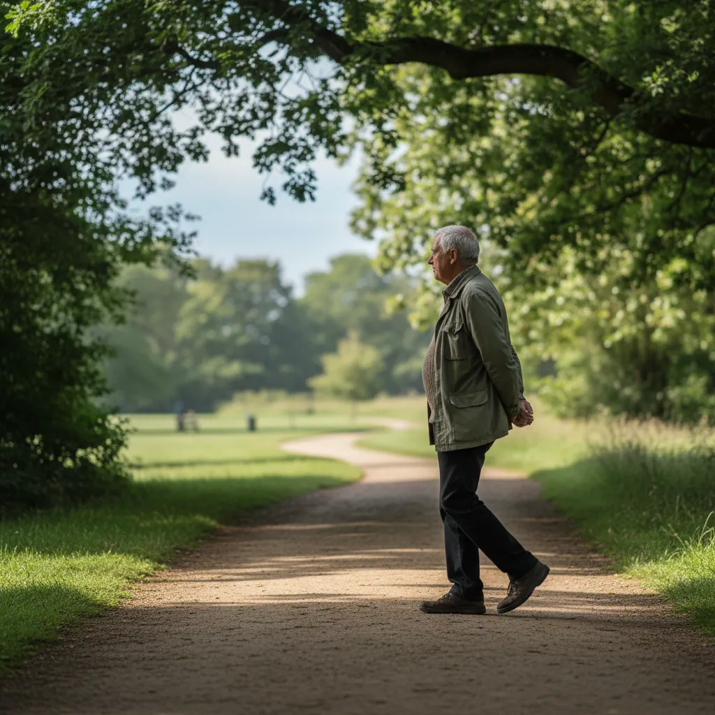 Man walking in a UK park in morning light
